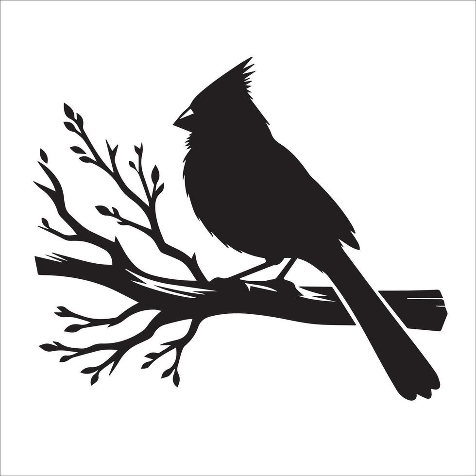 A Northern cardinal bird on a tree branch illustration in black and white vector