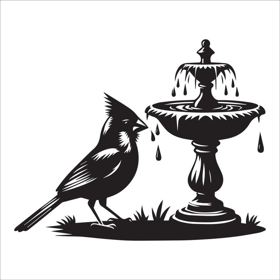 A Northern cardinal bird drinking water from a garden fountain illustration vector