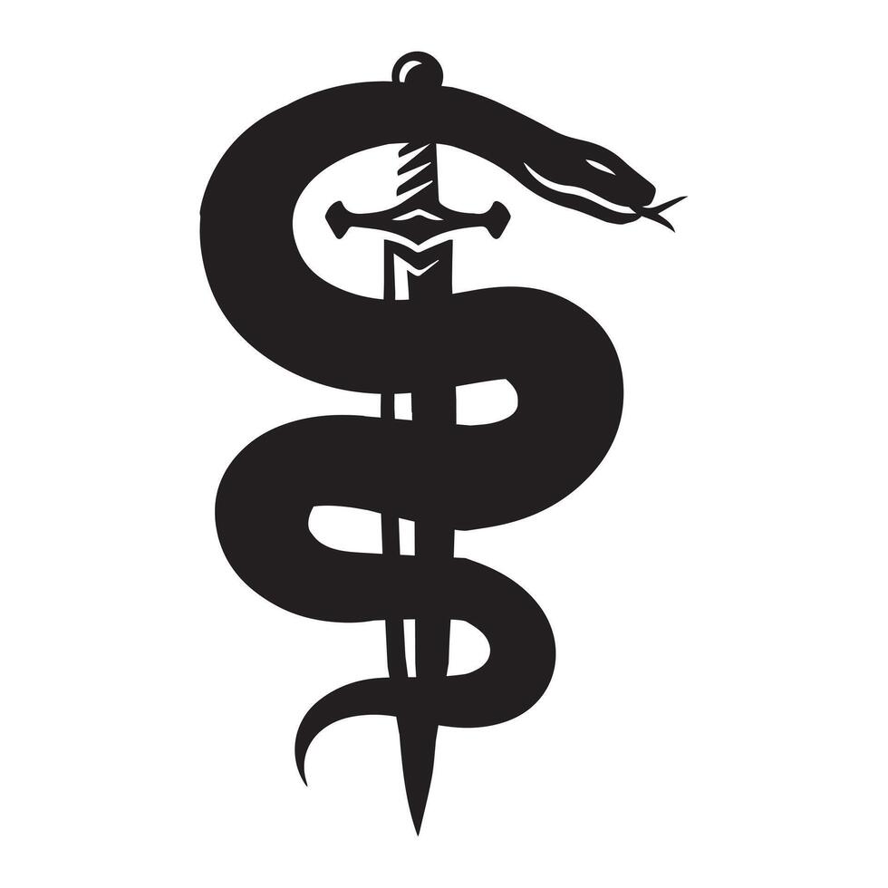 a snake on a sword illustration in black and white vector
