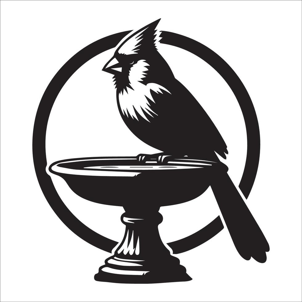 A Northern cardinal bird in a dignified pose on a vintage bird bath illustration vector