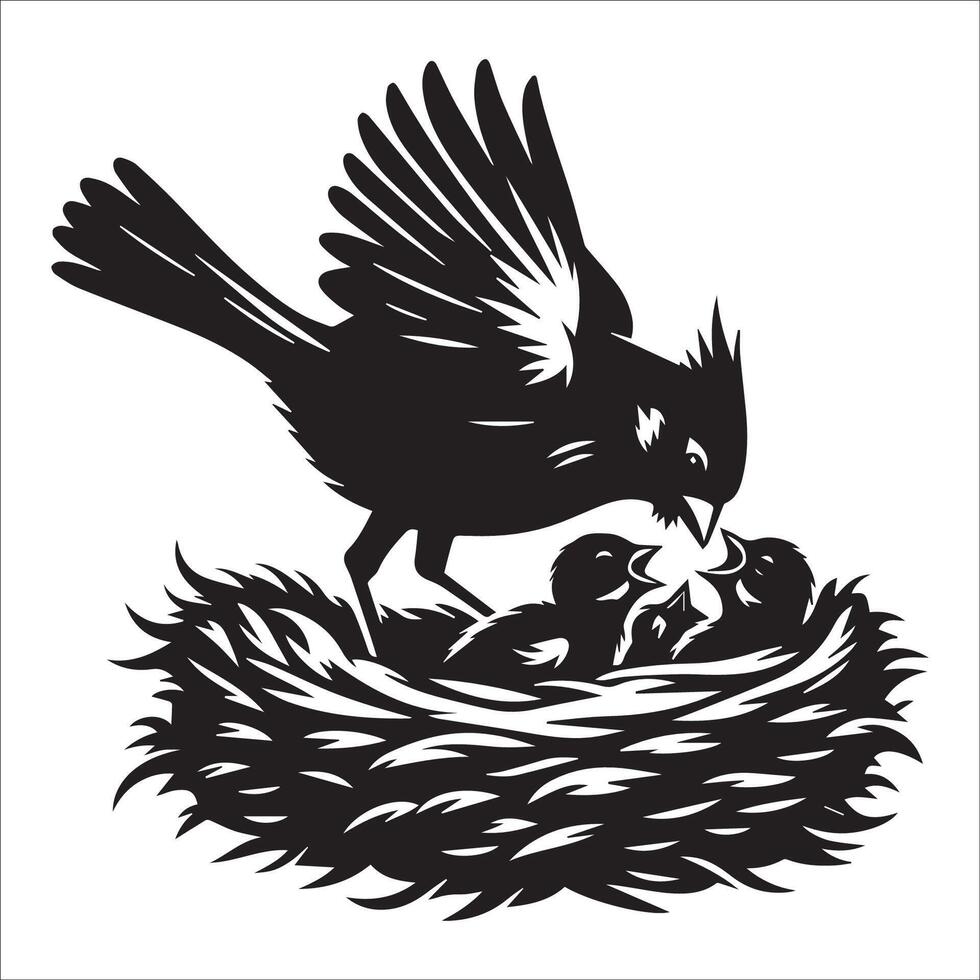 A Northern cardinal bird feeding its chicks in a nest illustration vector