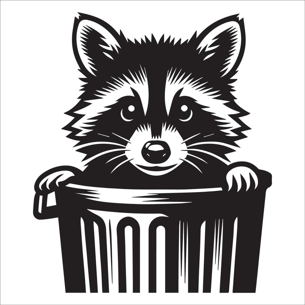 A Raccoon peeking out of a trash can illustration in black and white vector