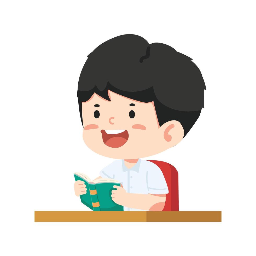 cute boy is at the desk with a book vector