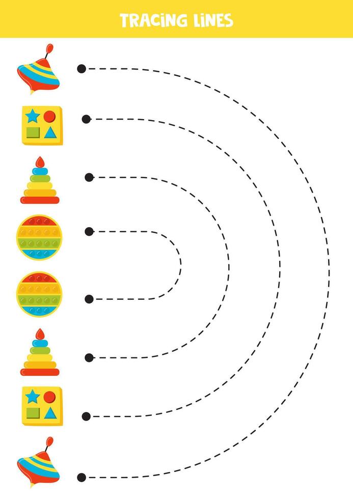 Tracing lines with cute cartoon toys. Writing practice. vector