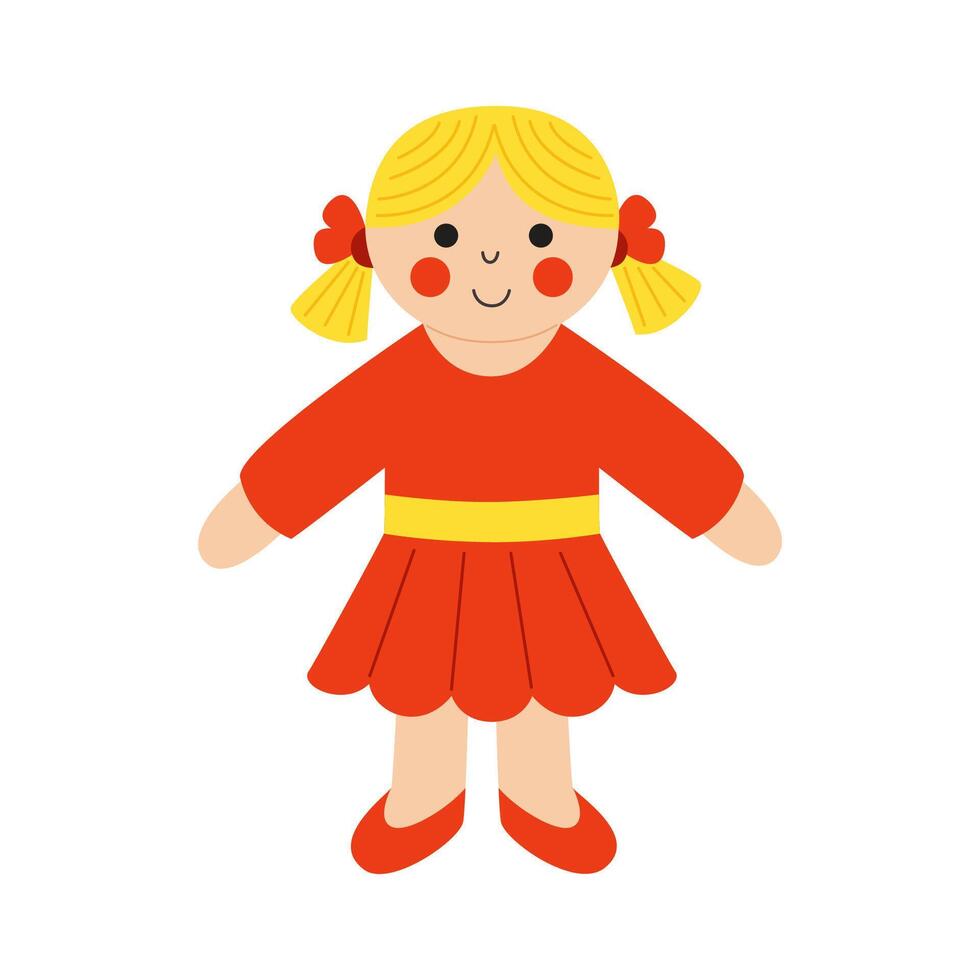 picture of cartoon toy doll in red dress isolated on white background. vector