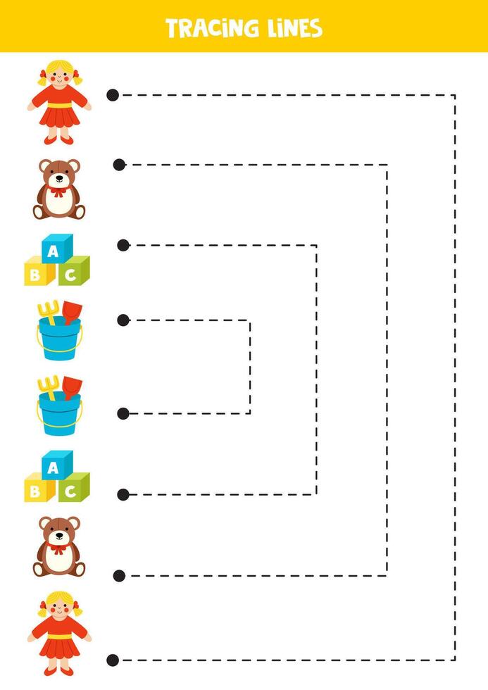 Tracing lines with cute cartoon toys. Writing practice. vector