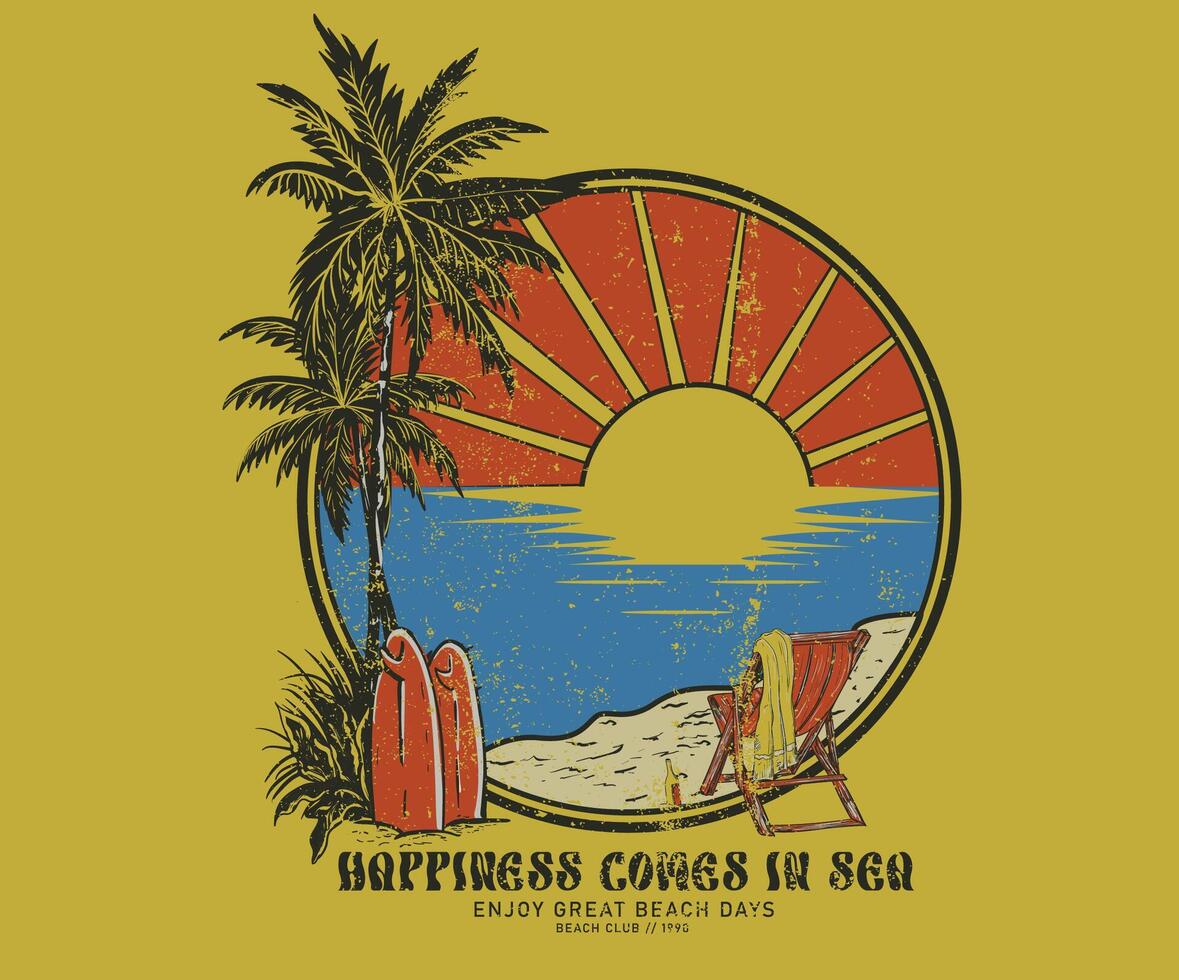 Surfing board and chair. Sunny day at the beach. Ocean wave. Palm tree print artwork. Good vibe long beach. Sunshine beach club graphic print design for t shirt print, poster, sticker and other uses. vector