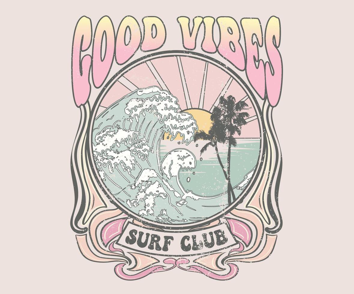 Good vibe long beach. Sunshine beach club graphic print design for t shirt print, poster, sticker and other uses. California palm tree. Sunny day at the beach. Ocean wave. Palm tree print artwork. vector