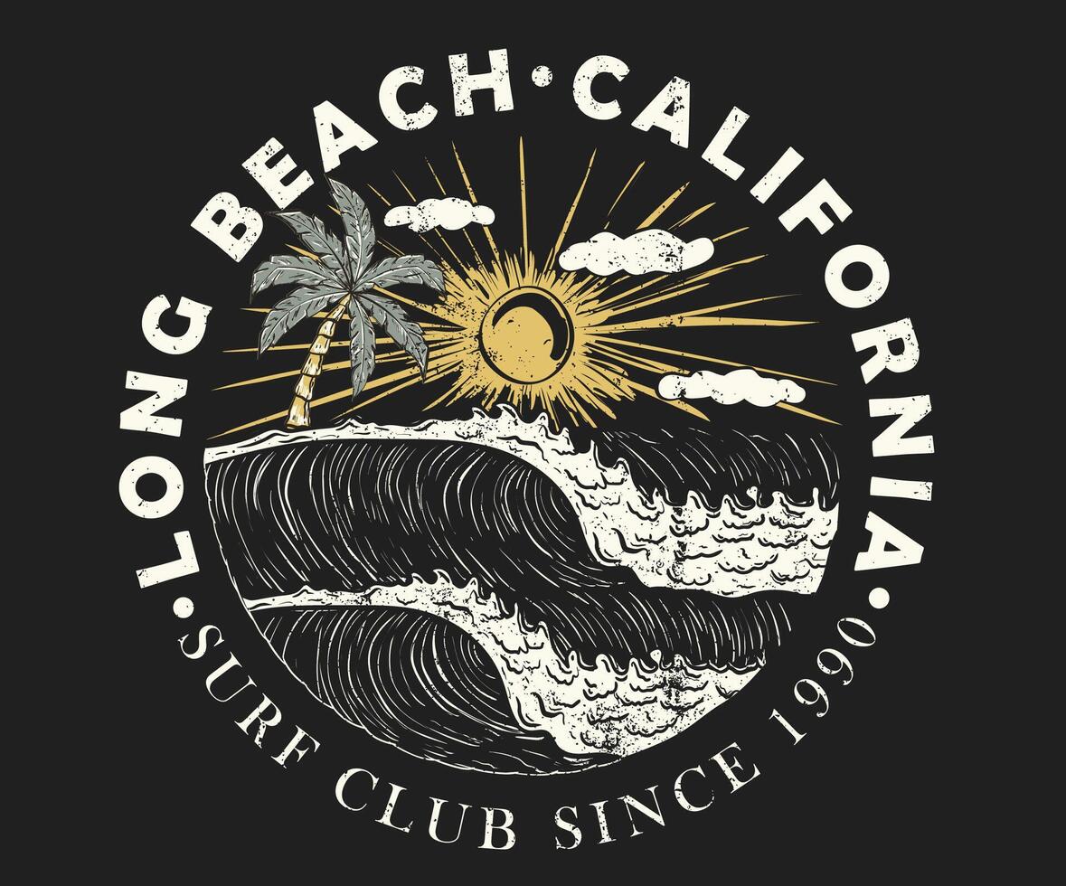California wave. Sunny day at the beach. Ocean wave. Palm tree retro print artwork. Long beach. Summer vibes. Surfing wave graphic print design for t shirt print, poster, sticker and other uses. vector