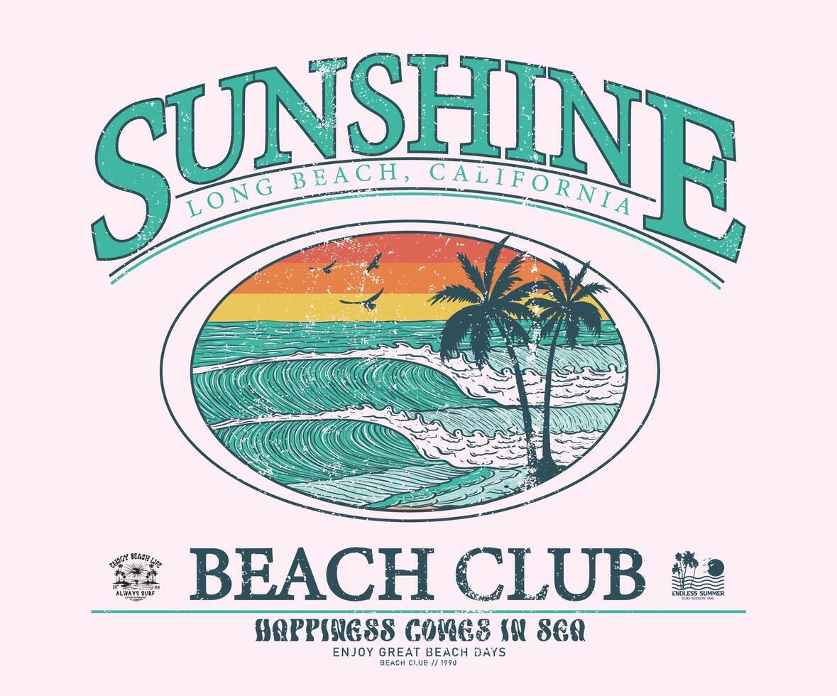 Sunshine beach club graphic print design for t shirt print, poster, sticker and other uses. California palm tree. Sunny day at the beach. Ocean wave. Palm tree retro print artwork. Long beach. vector