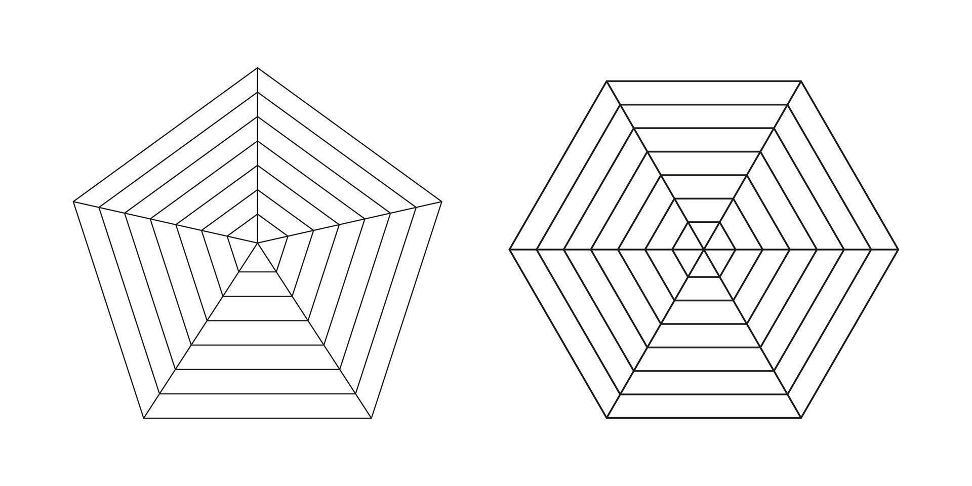 Pentagon and hexagon radar, spider diagram template. Spider mesh. Polygon graphs. Diagram for statistic and analytic. Blank radar charts. Simple coaching tool. Grid with segments. Graphic illustration vector