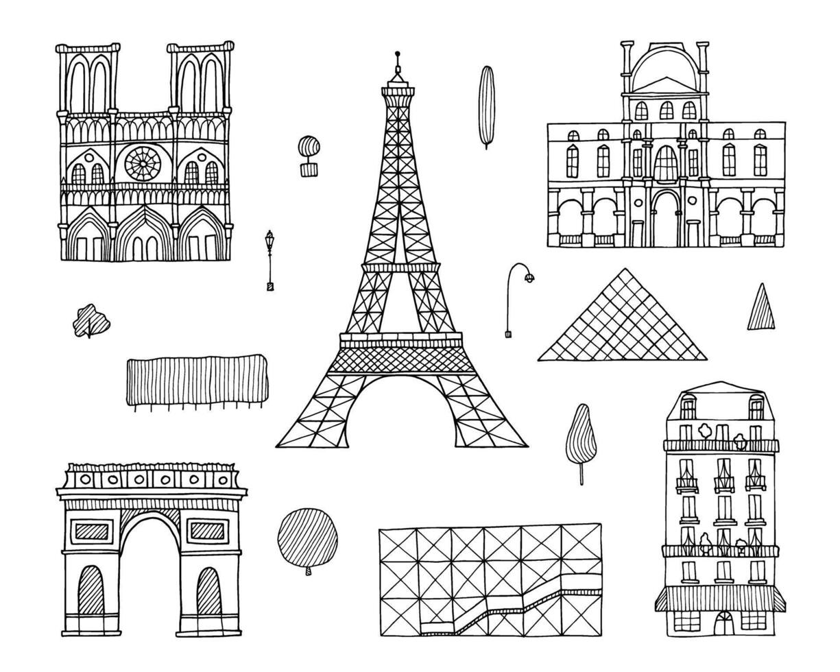 Paris hand drawn doodle set. Isolated transparent sketch black elements for design vector
