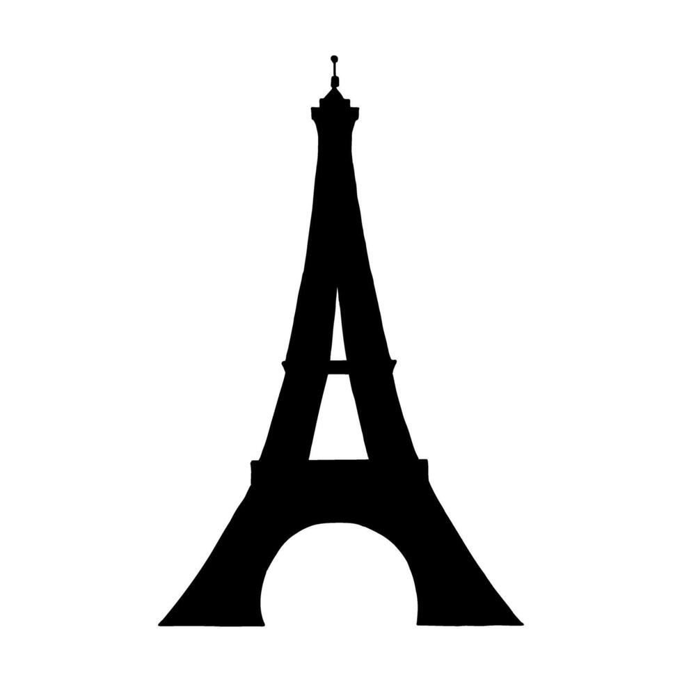 Black silhouette of Eiffel Tower hand drawn illustration. Symbol of Paris. Vintage drawing painted by inks for icon, logo or design vector