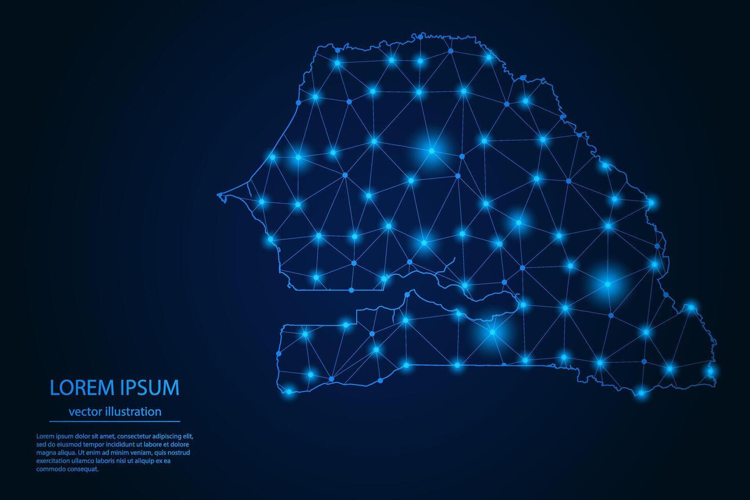 Abstract image Senegal map - With Blue Glow Dots And Lines On Dark Gradient Background, 3D Mesh Polygon Network Connection. vector
