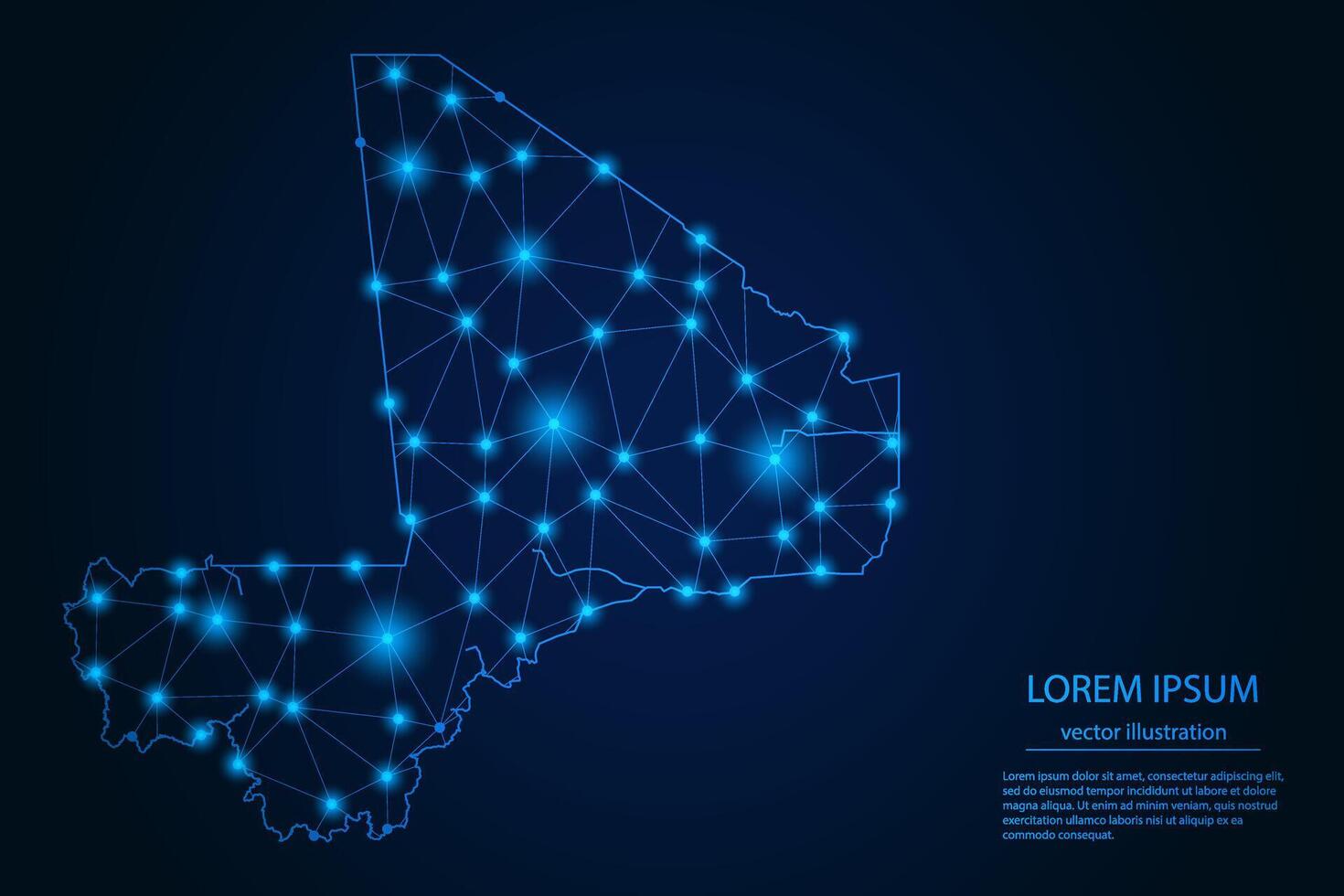Abstract image Mali map - With Blue Glow Dots And Lines On Dark Gradient Background, 3D Mesh Polygon Network Connection. vector