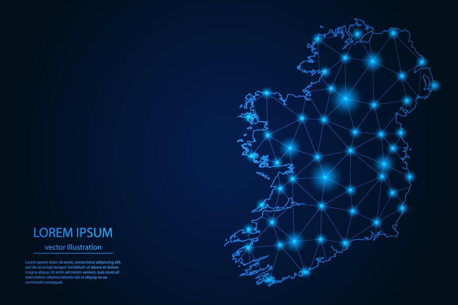 Abstract image Ireland map - With Blue Glow Dots And Lines On Dark Gradient Background, 3D Mesh Polygon Network Connection. vector