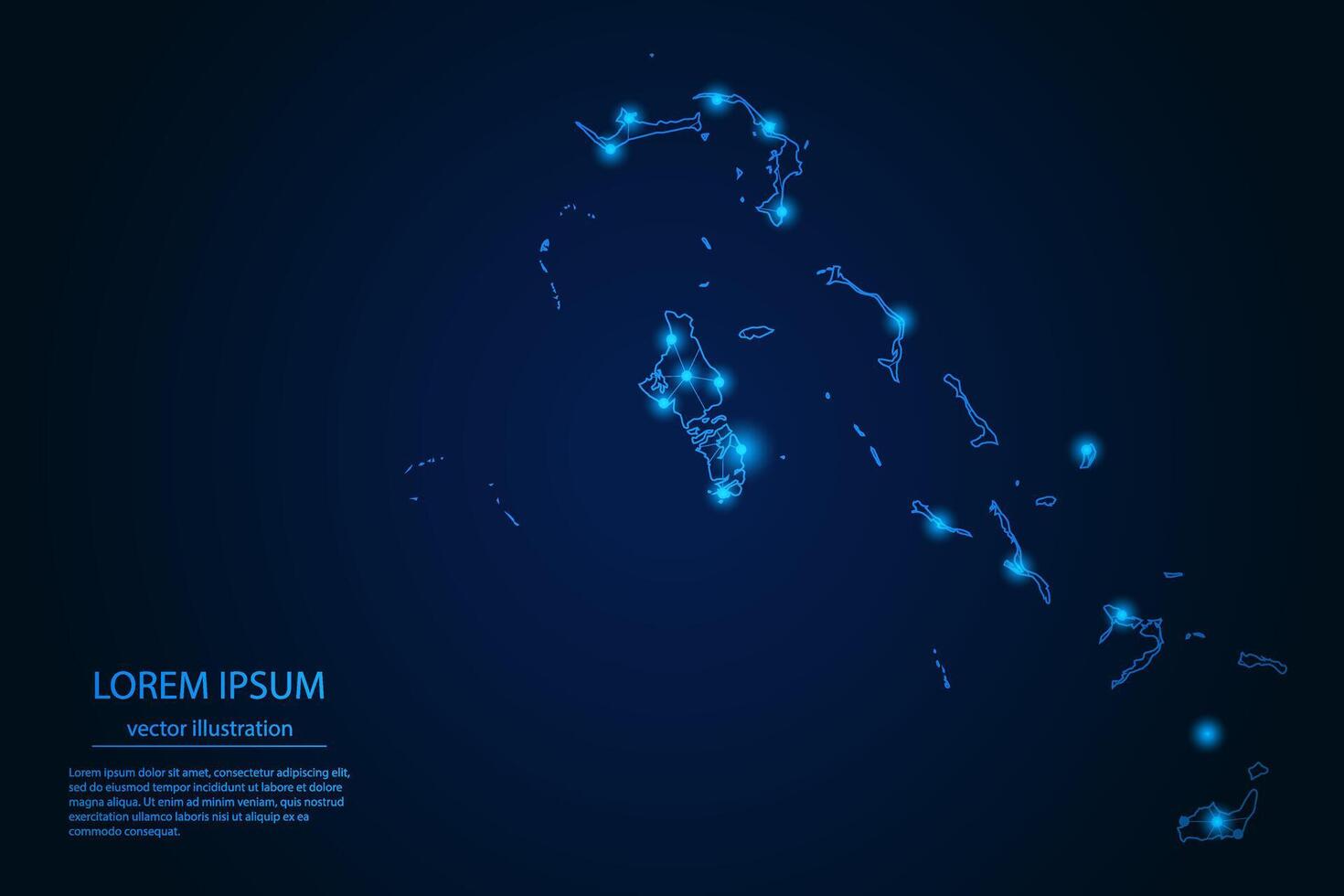 Abstract image Bahamas map - With Blue Glow Dots And Lines On Dark Gradient Background, 3D Mesh Polygon Network Connection. vector