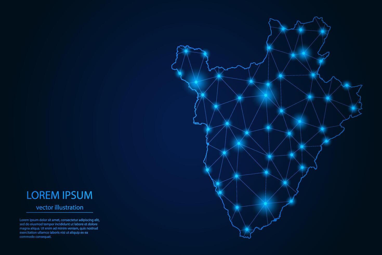 Abstract image Burundi map - With Blue Glow Dots And Lines On Dark Gradient Background, 3D Mesh Polygon Network Connection. vector