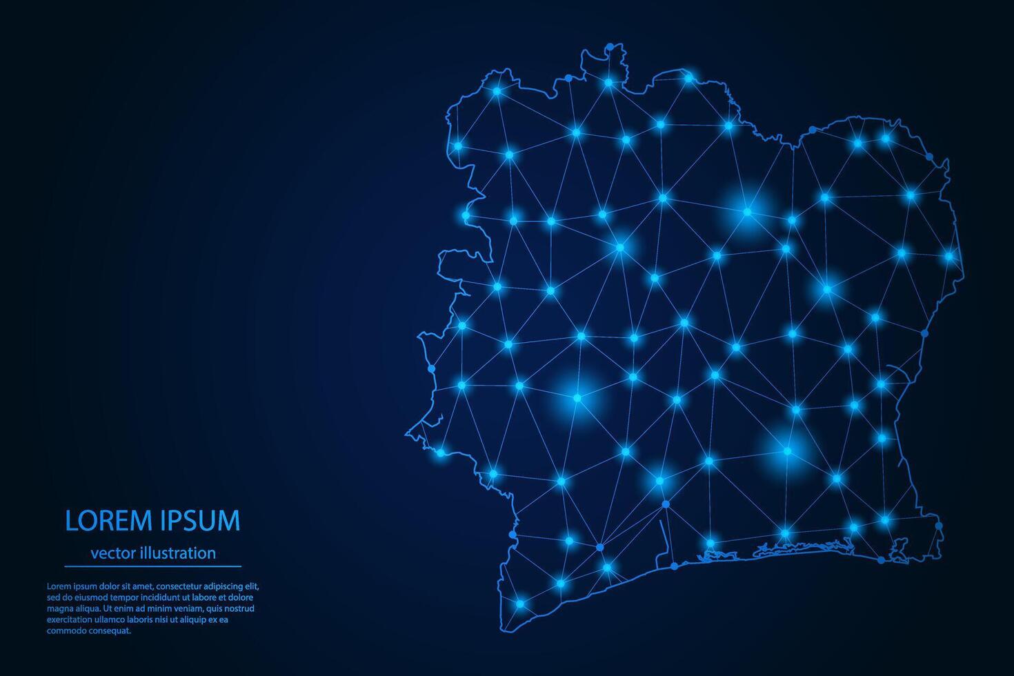 Abstract image Ivory Coast map - With Blue Glow Dots And Lines On Dark Gradient Background, 3D Mesh Polygon Network Connection. vector