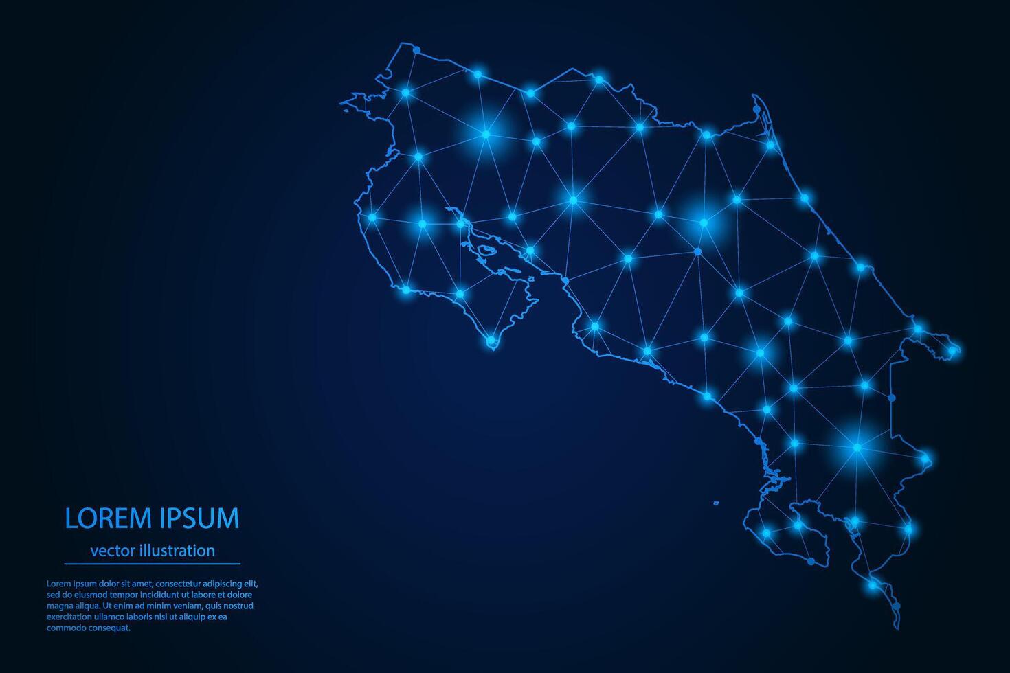 Abstract image Costa Rica map - With Blue Glow Dots And Lines On Dark Gradient Background, 3D Mesh Polygon Network Connection. vector