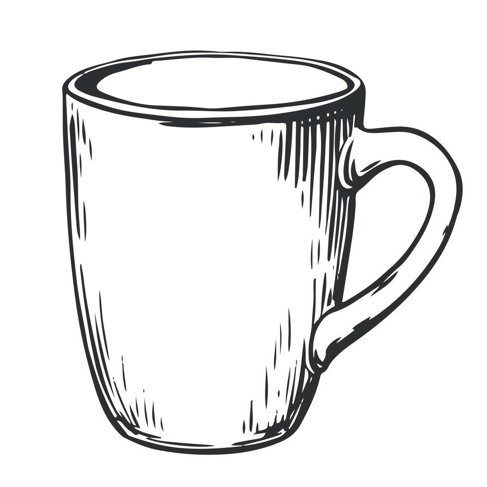 Ceramic mug. sketch of a white cup for hot coffee or tea. The drawing is highlighted on a white background in the style of an engraving. Hand-drawn illustration for a cafe. vector
