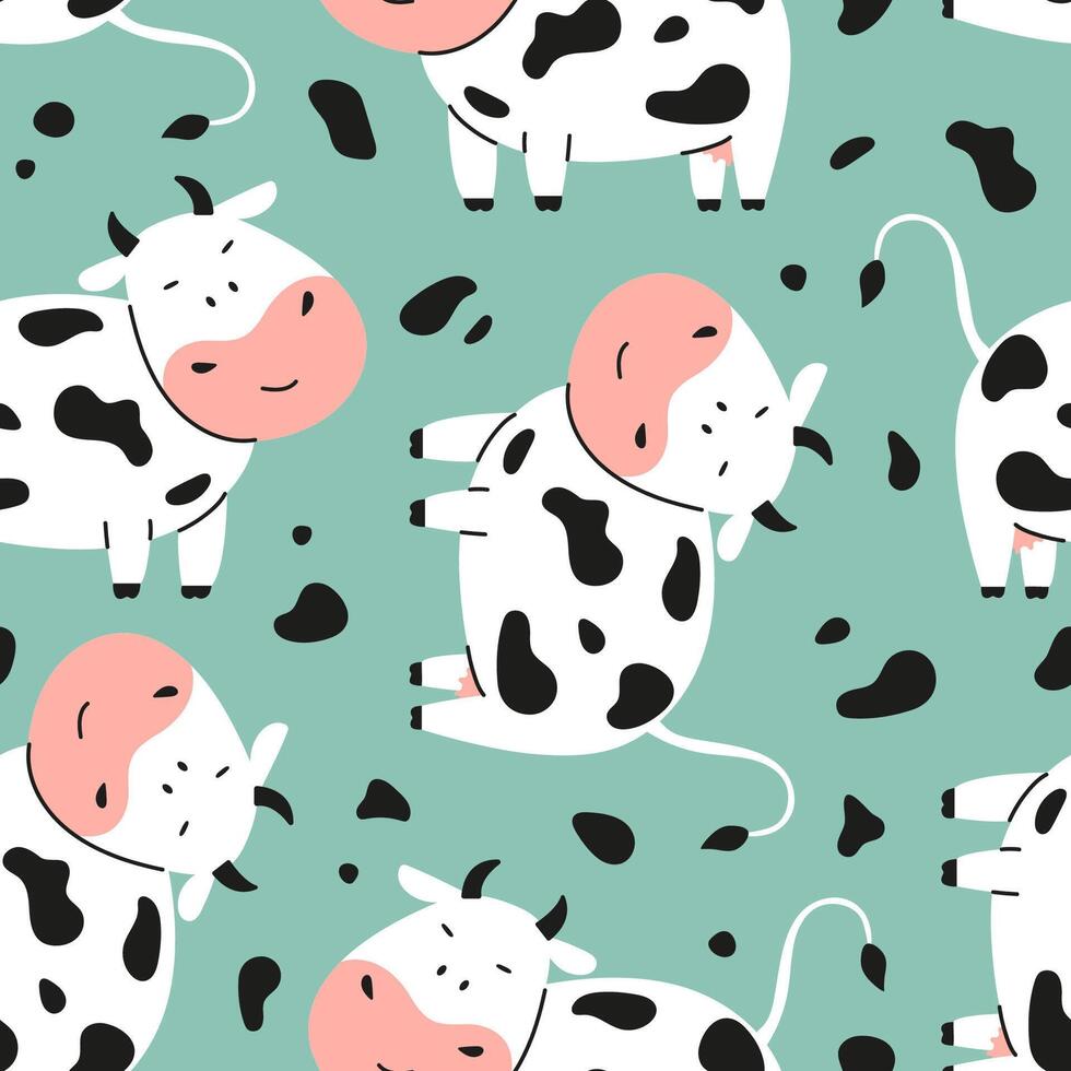 Seamless childish pattern with cute cow and spots vector