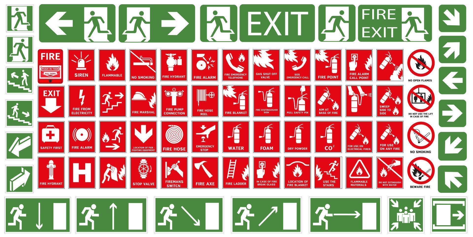 Signs of action during a fire accident. Fire signs. Fire evacuation signs. vector