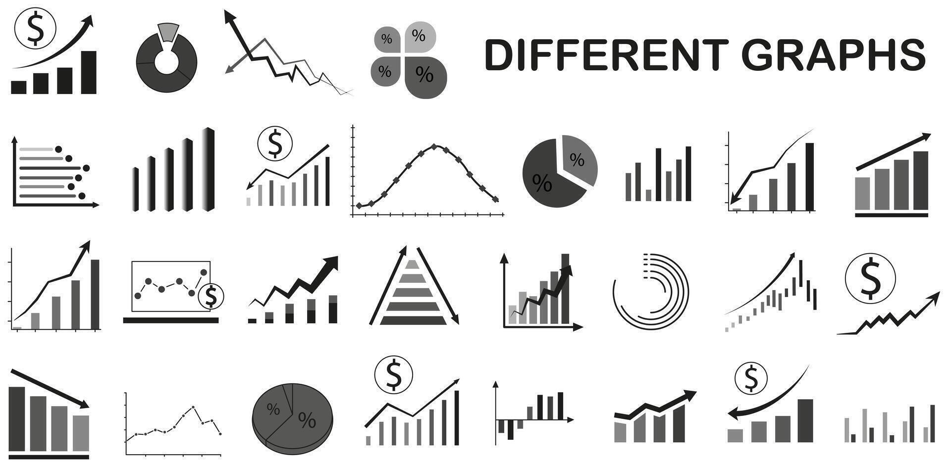 A set of charts of dips or upswings. Statistics and chart data arrow down or up. Economic downturn or boom. vector