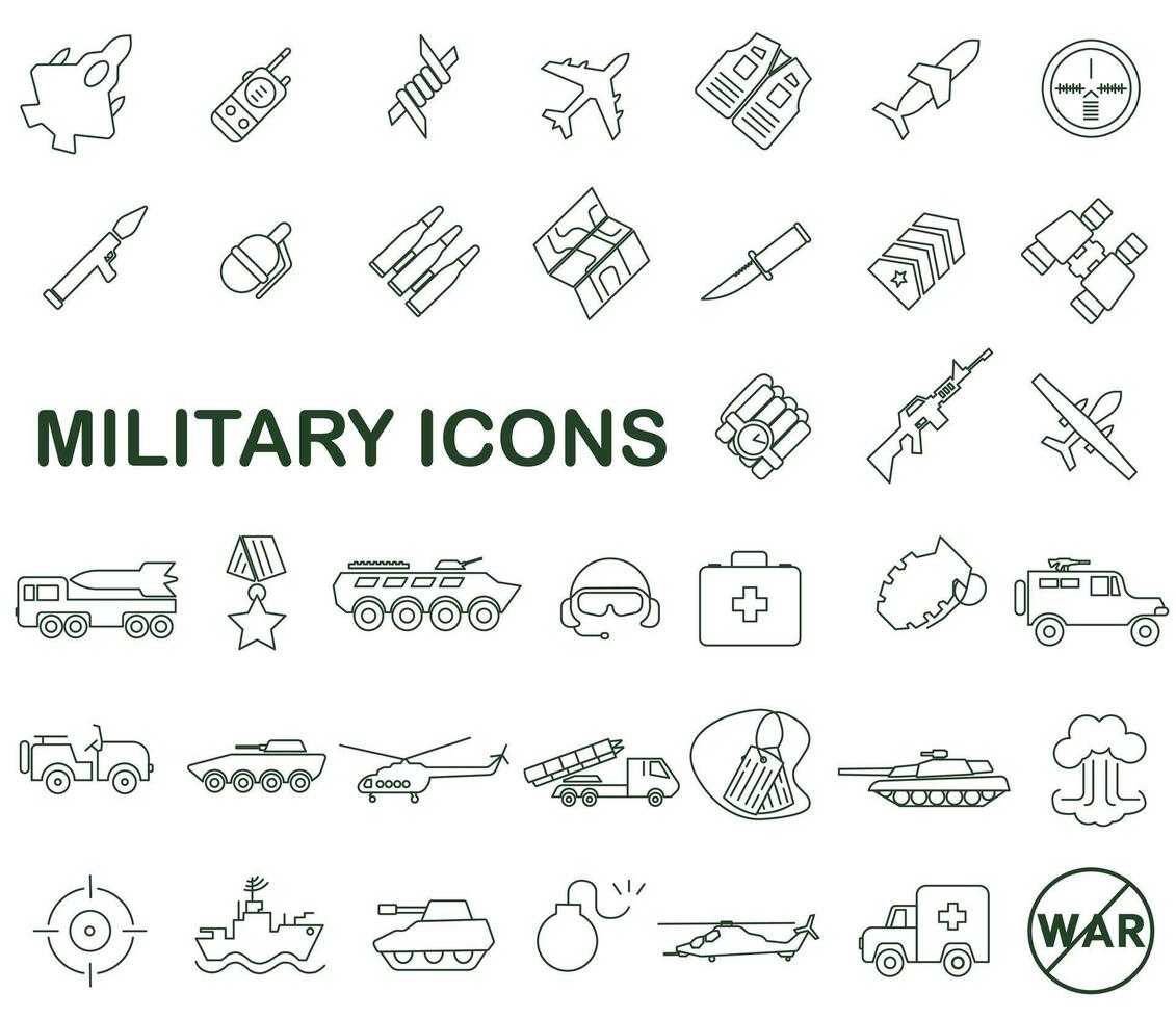 Army icons. Flat icons of military affairs. Army style icons set. vector