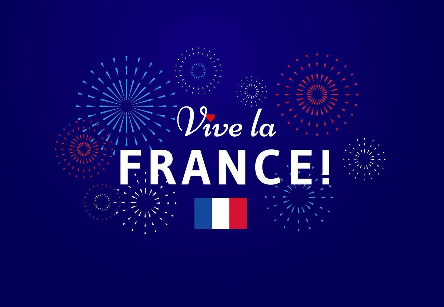 Vive la France Greeting card design with text and fireworks for National day celebration in France vector