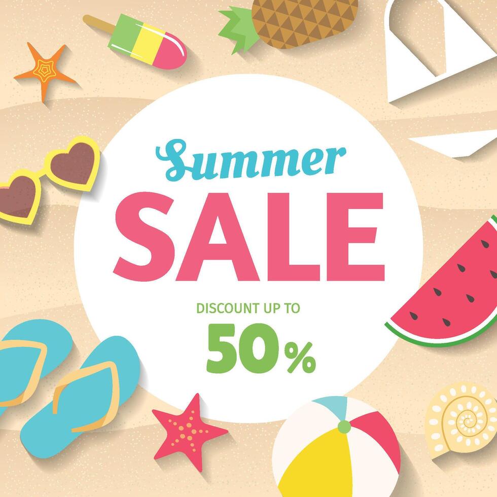 Beach sand background with different summer items on it. Summer Sale banner design with flat illustrations of watermelon, flip flops, sunglasses, ice cream and more vector