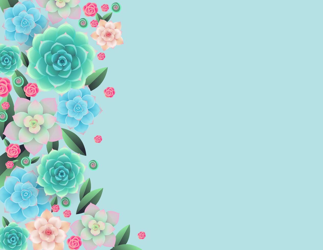Floral background in blue, green and turquoise colors. Succulents, flowers and decorative leaves. Place for text vector