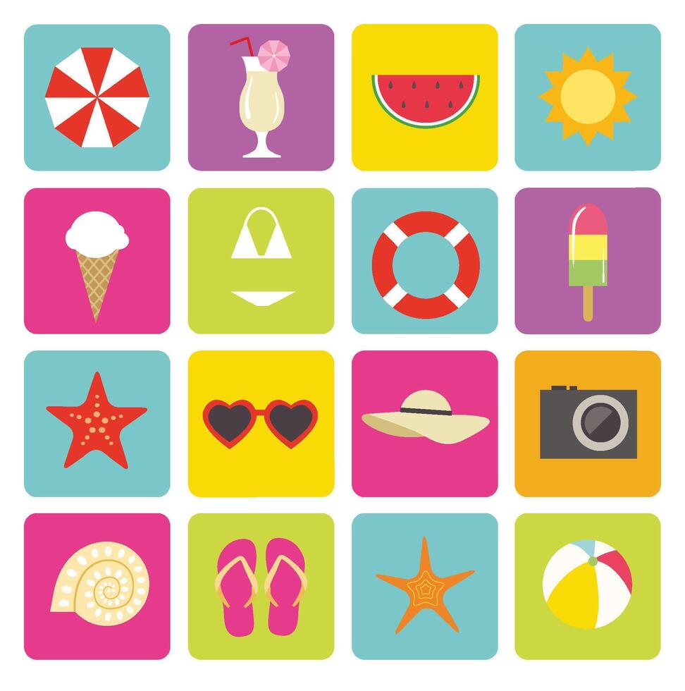 Set of colorful different flat summer icons. Contains such Icons as cocktail, ice cream, seastar, watermelon and more vector
