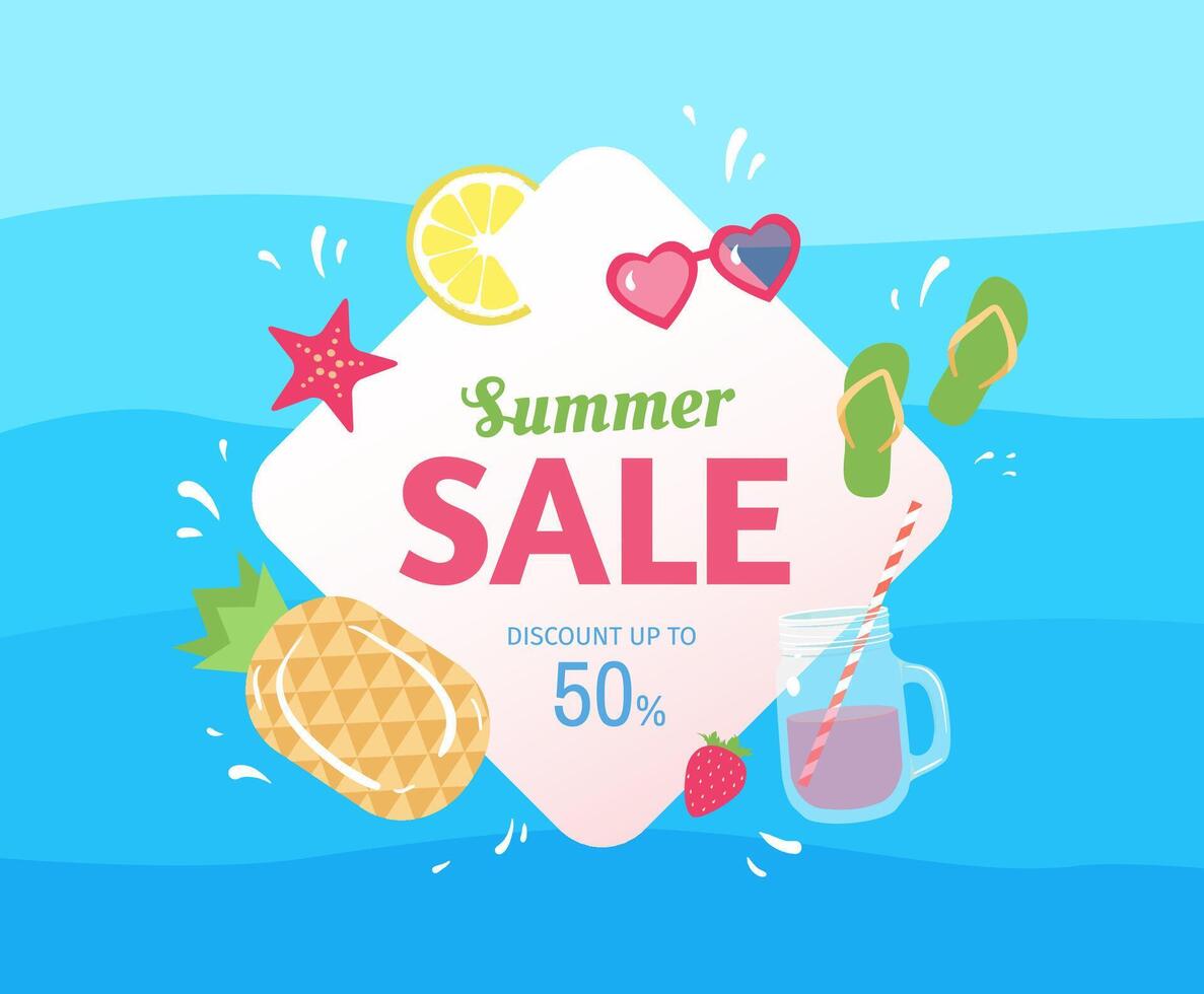 Summer Sale banner design concept with text, sunglasses, pineapple, sea star, lemon and more on blue waved background. Discount up to 50 vector