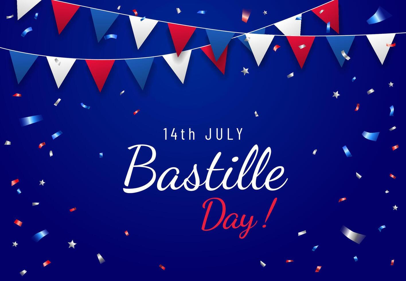 Bastille day, July 14. Greeting banner or card for French National Day with decorative flags and confetti on blue background vector