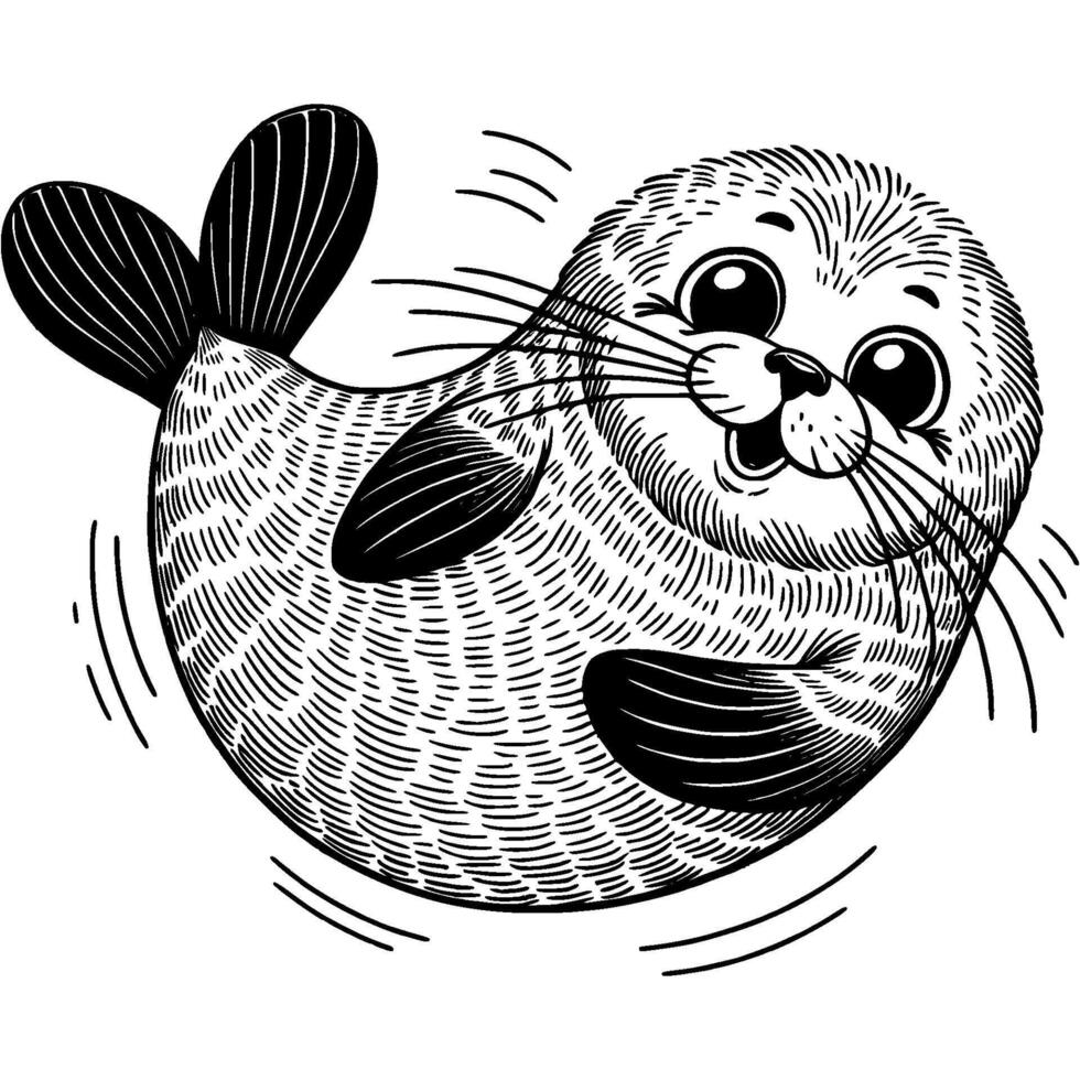 Fluffy fur seal smiles cheerfully and looks at camera in monochrome. Amazing sea animals. Simple minimalistic in black ink drawing on white background vector