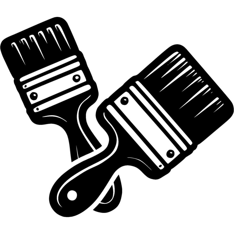Crossed paint brushes in monochrome. Painting repair work. Simple minimalistic in black ink drawing on white background vector