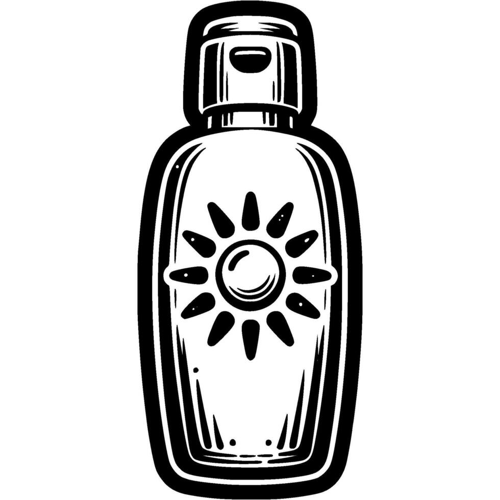 Tanning gel bottle in monochrome. Plastic bottle with tanning cosmetic. Simple minimalistic in black ink drawing on white background vector