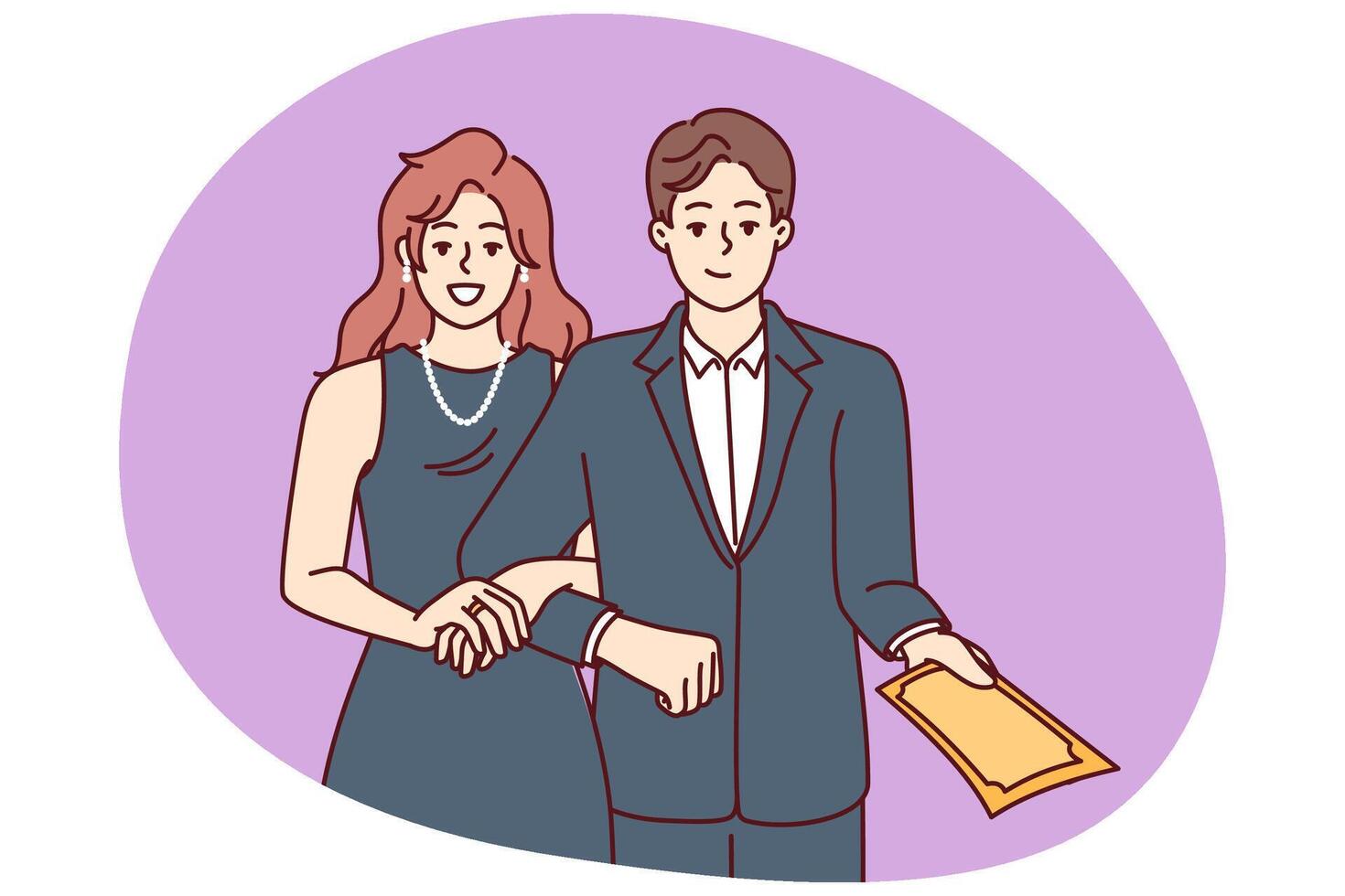 Elegant man and woman in formal evening wear for event demonstrating invitation to ceremony vector
