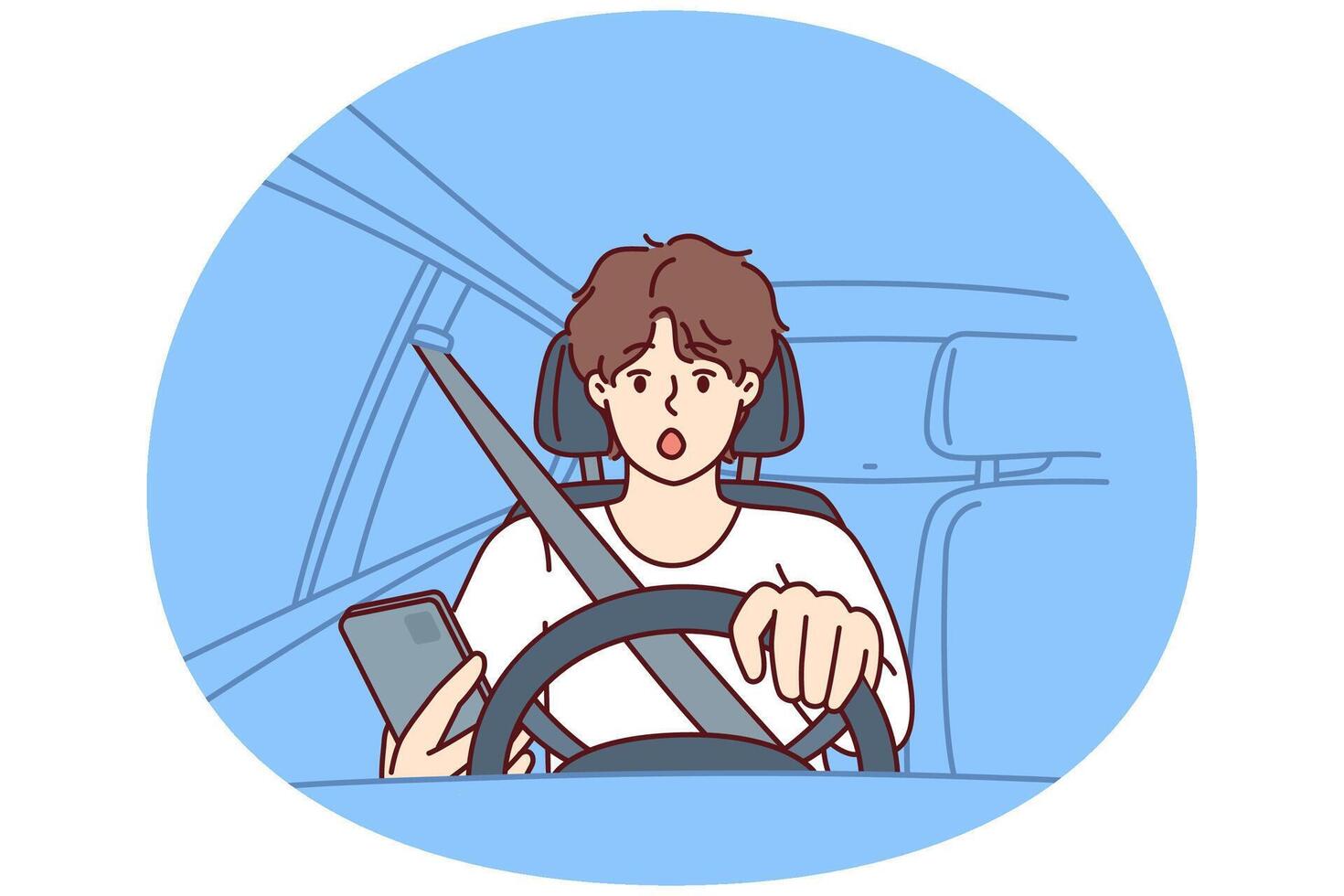 Man driver with phone sits behind wheel of car and gets scared sees obstacle on road or sharp turn vector