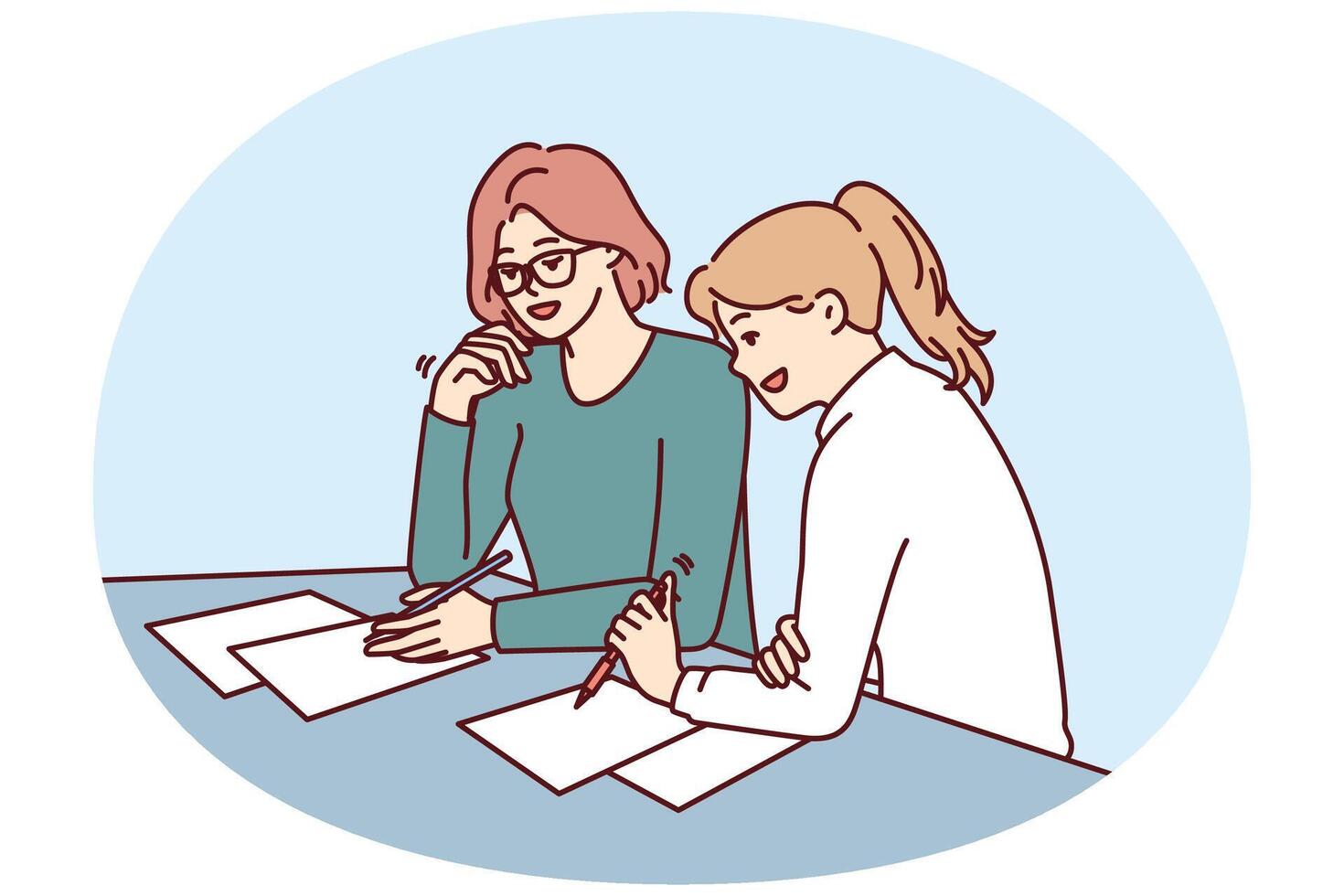 Women doing paperwork sitting at table in office of insurance company during conclusion of contract vector