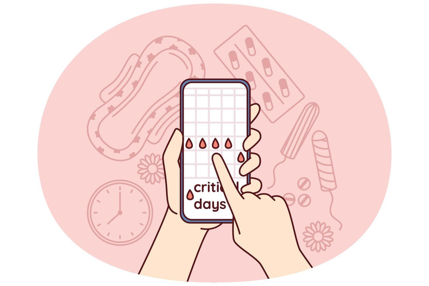 Menstruation cycle calendar in phone in hands near pads and tampons or feminine hygiene products vector