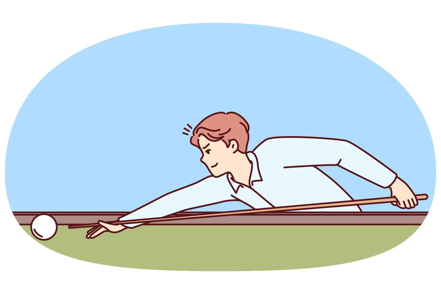 Man plays billiards leaning over table with cue in hands and taking aim, to put ball into hole vector