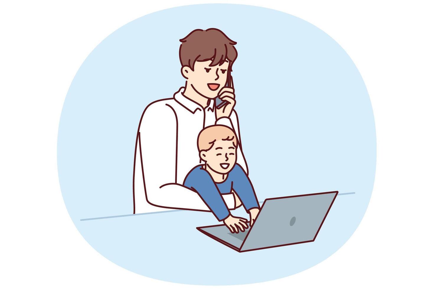 Father freelancer with baby in arms works with laptop and makes phone call during quarantine vector