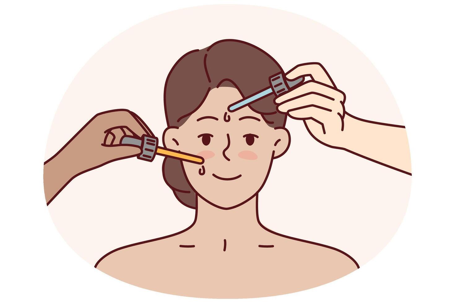 Hands with pipettes near face of woman during cosmetic procedures and lifting to get rid of wrinkles vector