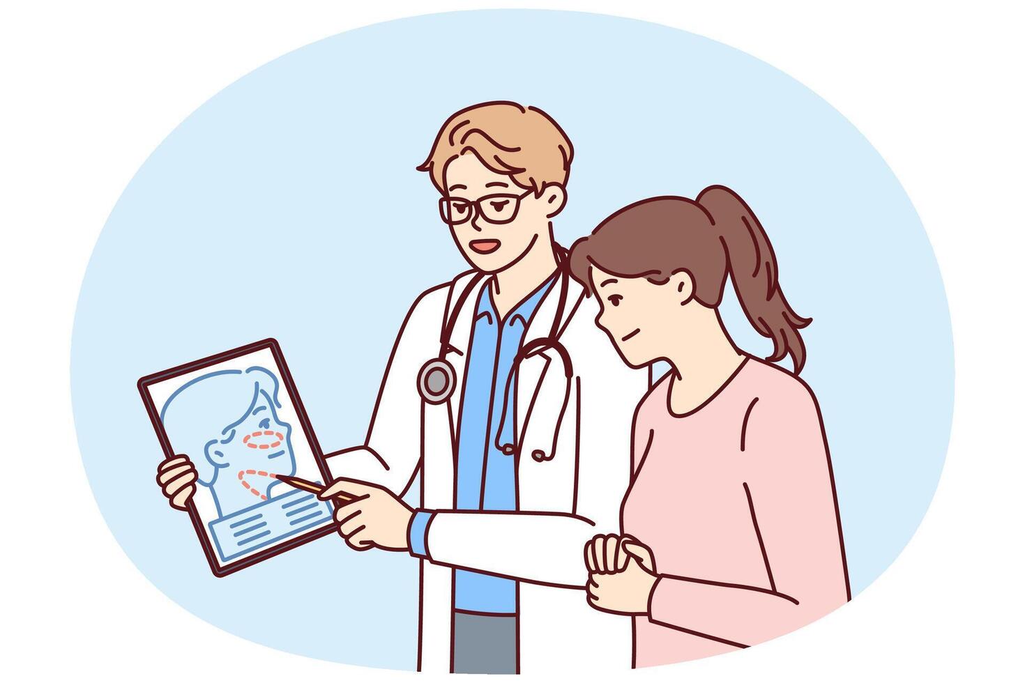 Man plastic surgeon consults woman patient demonstrating tablet with ways to tighten skin vector