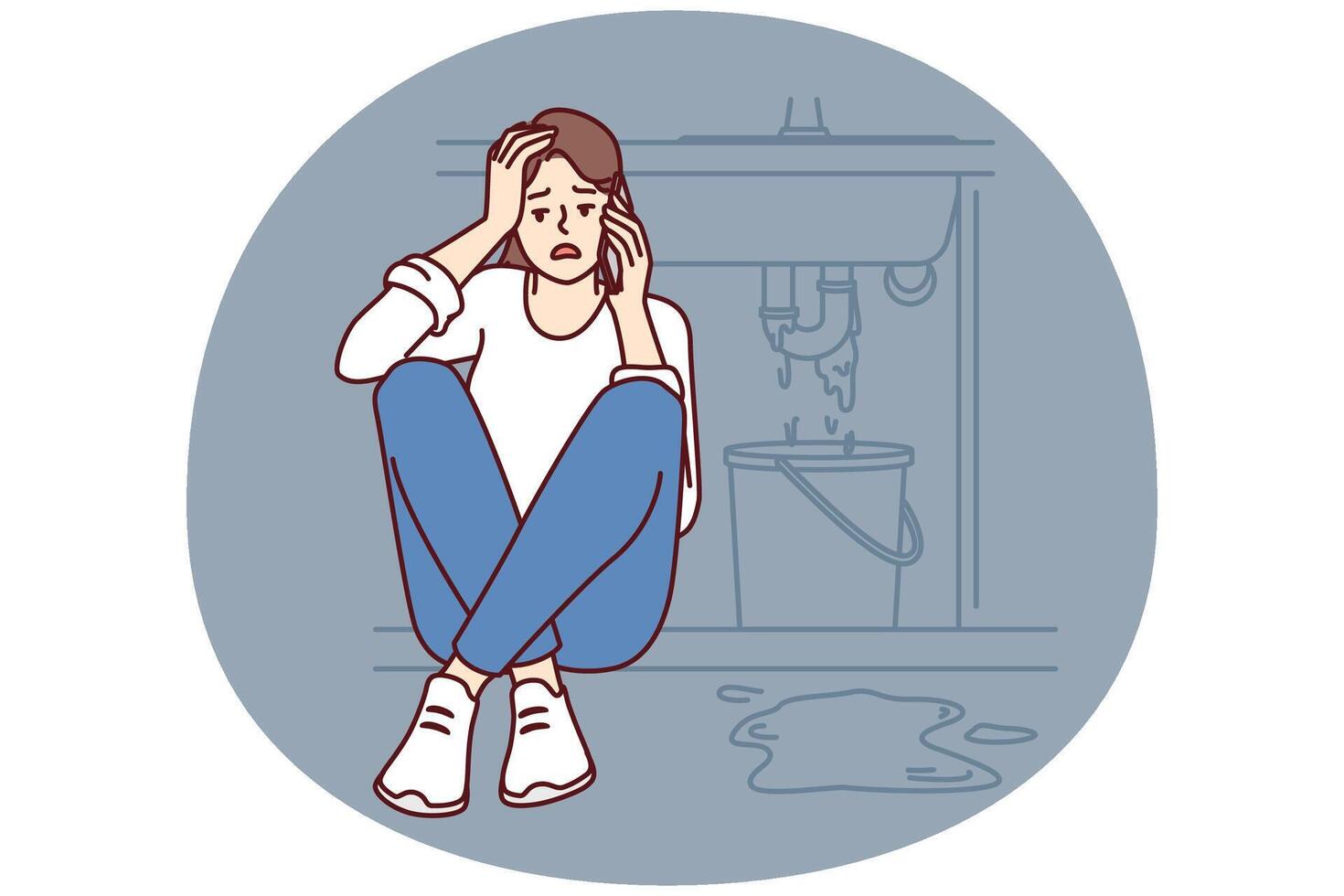 Woman sits near leaking sink in bathroom or in kitchen making call to plumber to repair pipeline vector