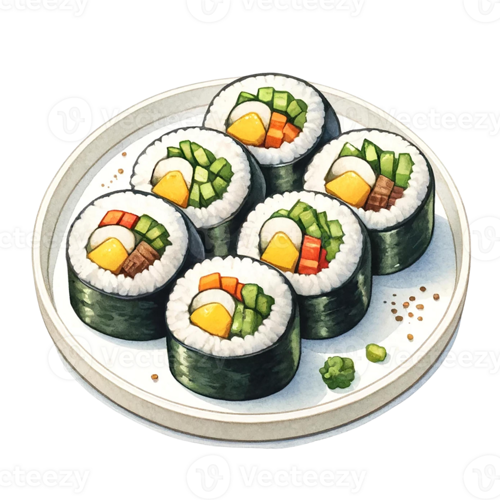 Watercolor illustration of Kimbap Korean seaweed rice rolls with assorted fillings. png