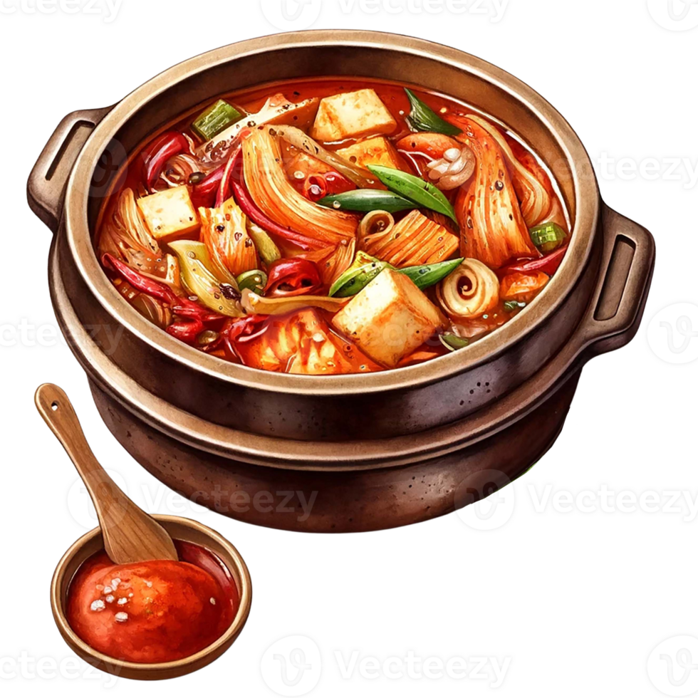 Watercolor illustration of Kimchi jjigae kimchi stew in a clay pot. png