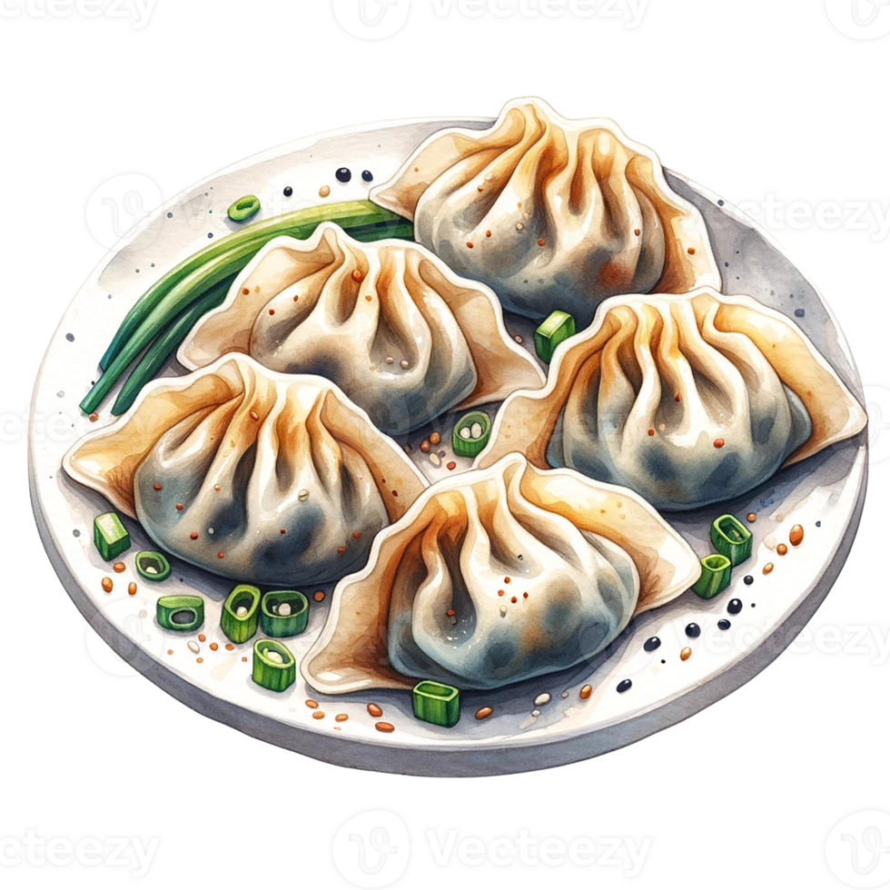 Watercolor illustration of Mandu Korean dumplings with dipping sauce. png